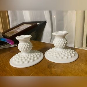 Vintage FENTON Milk Glass HOBNAIL Taper Candle Holders  3"- Set of 2